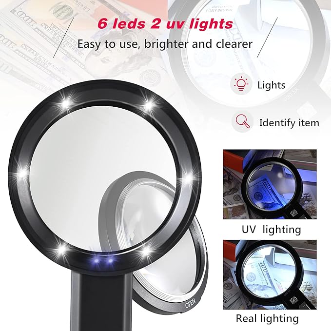 Magnifying Glass with Light, USB Rechargeable 5X 10X 15X Handheld Magnifying Glass Double Lens Magnifier 8 Light for Reading Small Prints, Seniors Reading, Books, Map, Coins