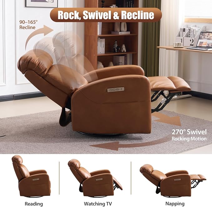 Breathable Air Leather Power Swivel Rocker Recliner, 2-Zone Electric Adjustment (Headrest Independent, Back & Footrest Linked), 270° Swivel, 8-Mode Massage & Heat, USB/Type-C, Side Pocket