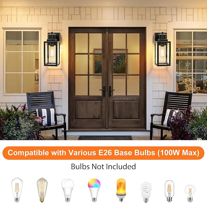 2-Pack Outdoor Wall Lights with Seeded Glass, Black with Gold Trim | Waterproof, Rust-Resistant, Durable Metal, Easy to Install, Ideal for Front Door, Garage