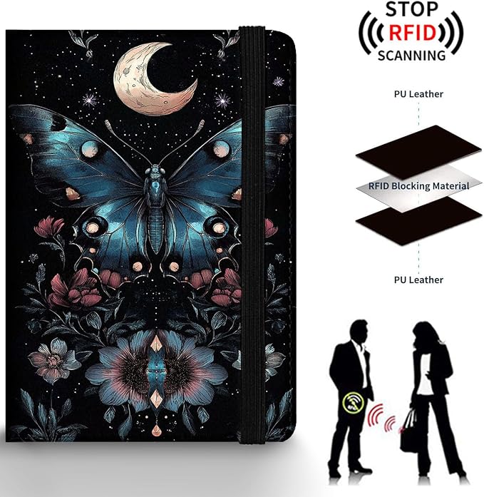 Passport Holder Wallet Cover Case,RFID Blocking Passport Cover,Large Capacity Travel Wallet with Multi Card Slots (Butterfly and Moon)