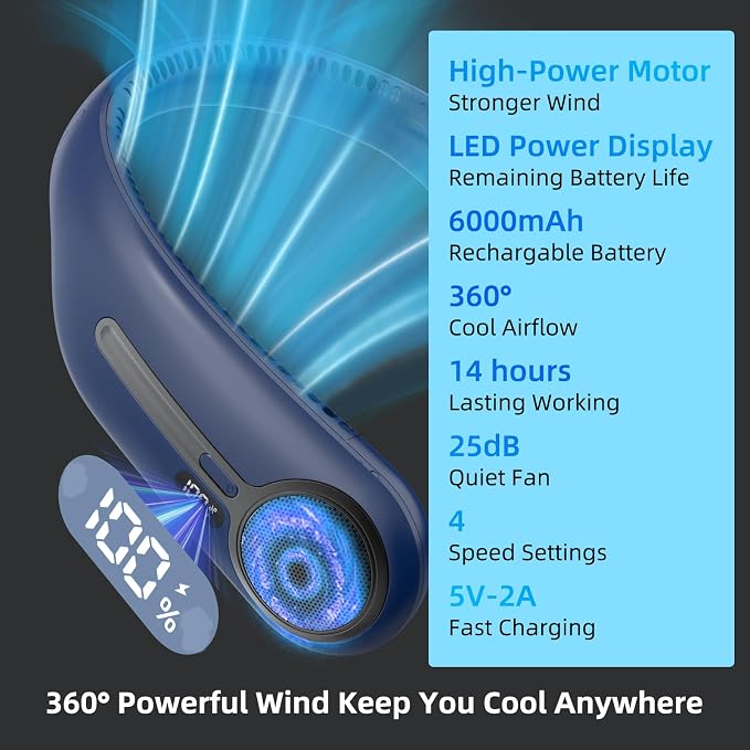 Portable Neck Fan, Personal Wearable Bladeless Fan, 6000mAh USB Rechargeable, 360° Airflow, LED Display, 4-Speeds, Hands Free Fan for Outdoor Indoor, Birthday Gifts for Men Women Dad Mom (Blue)