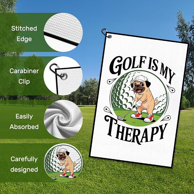 Golf is My Therapy Golf Towel with Clip, Funny Dog Golfing Accessories for Men Women, Father's Day Birthday Retirement Gifts for Golfer Sport Lover, Golfing Gifts for Friend Dog Mom Dad Owner