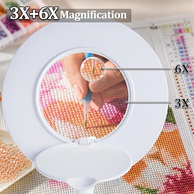 3X+6X Magnifying Glass with Light and Stand,Dimmable LED Magnifying Lamp | Clip on, Flexible Gooseneck, Hands Free Magnifier, Magnification Lamp for Elderly Craft Hobby Painting Sewing Close Work