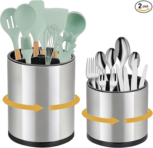 2Pack Kitchen Utensil Holder Set - 360° Rotating Stainless Steel Large Cooking Utensil Stand for Counter, 3 Compartment Flatware Caddy with Removable Base for Knife, Fork & Spoon Organizer - Sliver