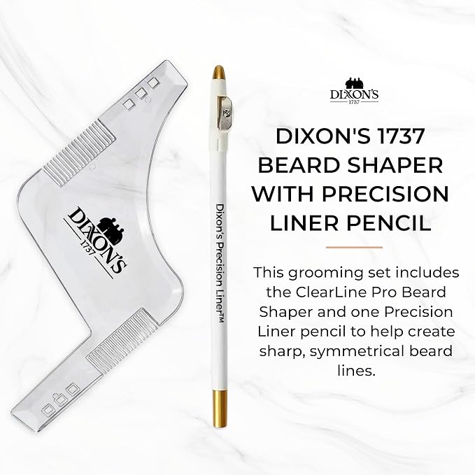 Dixon's 1737 Clear Line Pro Beard Shaper Tool for Men with Precision Liner Pencil, Transparent Beard Line Up Guide Template with Comb Edges Neckline and Cheek Line Trimming