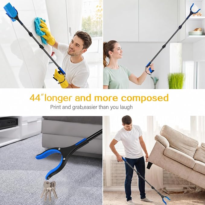 Extra Long Grabber Reacher Tool，Foldable Trash Pick Up Stick for Seniors with Strong Grip Magnetic，360°Rotating Anti-Slip Jaw 4" Wide Claw Opening,Hand Grabber (Blueblack, 44INCH)