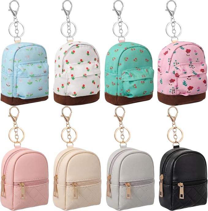 Hsei 8 Pcs Mini Backpack Keychain Coin Purse Tiny Key Chain Cute Cosmetic Bag Small Wallets Mini Valentines Gifts for Women Multi Pocket Card Holder Small Items Cable Organizer Zipper Pouch