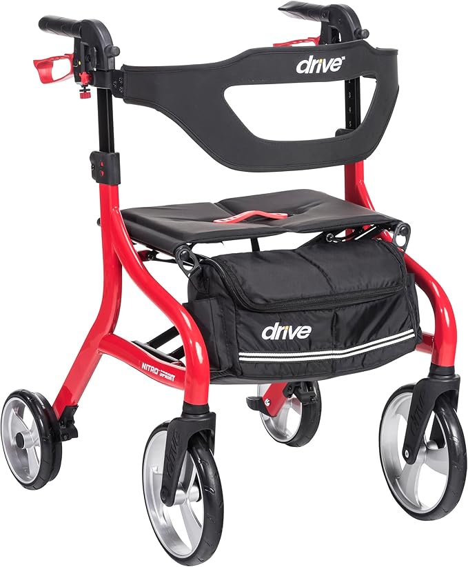 Drive Medical Nitro Sprint Rollator Walker with Seat, Standard Size, Red | Lightweight Rollator with Large Wheels Offers Compact Folding Design for Standard Size Everyday Comfort