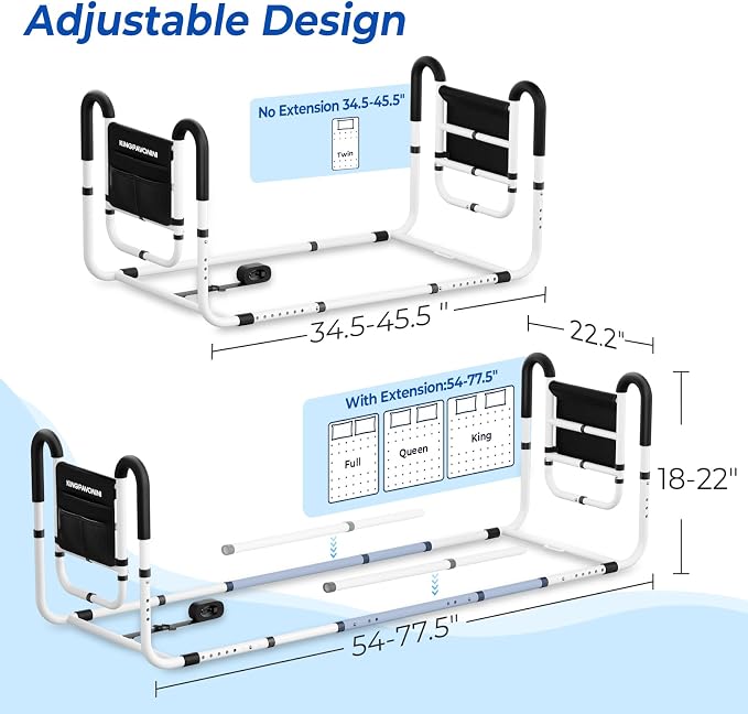 KingPavonini Dual Side Bed Rails for Seniors, 350 LBS Capacity, Model BM10 | ASTM-Approved Bed Rails for Elderly Adults Safety, Dual U-Handles & 4-Bar Anti-Tip, Storage Bag, Tool-Free, Fits Twin to King