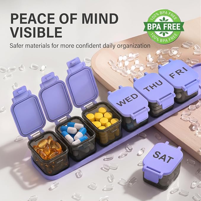 Yaklim Extra Large Weekly Pill Organizer - Waterproof 7-Day Pill Box, Portable Vitamin & Supplement Case, Easy to Open Design, Ideal for Travel and Daily Medication Management (BlackPurple)