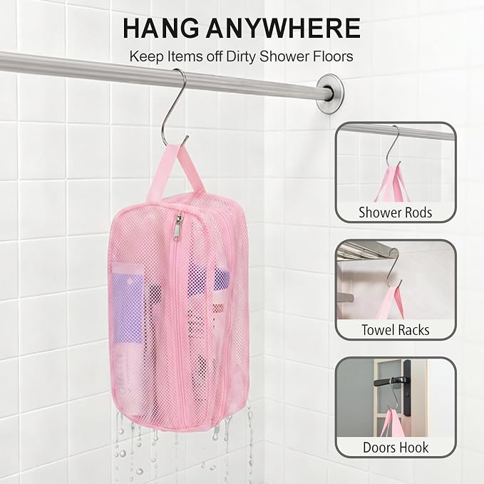 Mesh Shower Caddy Portable with Zipper - Toiletry Shower Bag for travel Gym | 2 Pockets, Quick-Dry Mesh, S-Hook, Small Hanging Shower Caddy for Toiletry Essentials, Bathroom & Camping, Pink