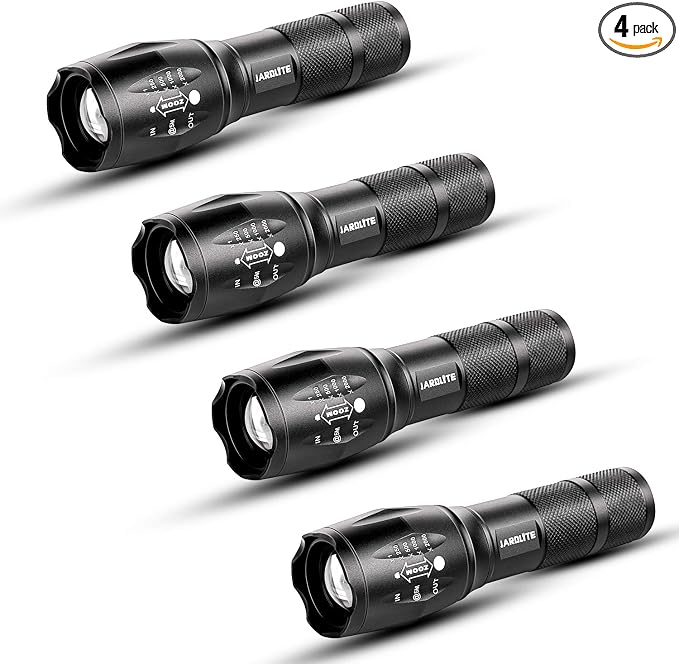 JARDLITE LED Emergency Handheld Flashlight, 4 Pack, Adjustable Focus, Water Resistant with 5 Modes, Best Tactical Torch for Hurricane, Camping, Dog Walking
