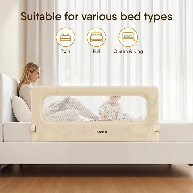 Bed Rail for Toddlers, 47 Inch Foldable Baby Guard | 47 in foldable toddler rail with reinforced anchors, no-gap mattress fit, double lock, washable fabric for King|Queen
