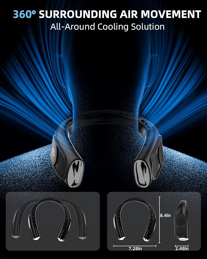 JIAGE Neck Fan, Bladeless Wearable Hands-Free Portable Fan, 5200mAh Rechargeable, 360° Cooling with 3 Speeds, Ultra-Quiet Personal Fan LED Display, Idea for Home, Office, Travel, Sports- Black