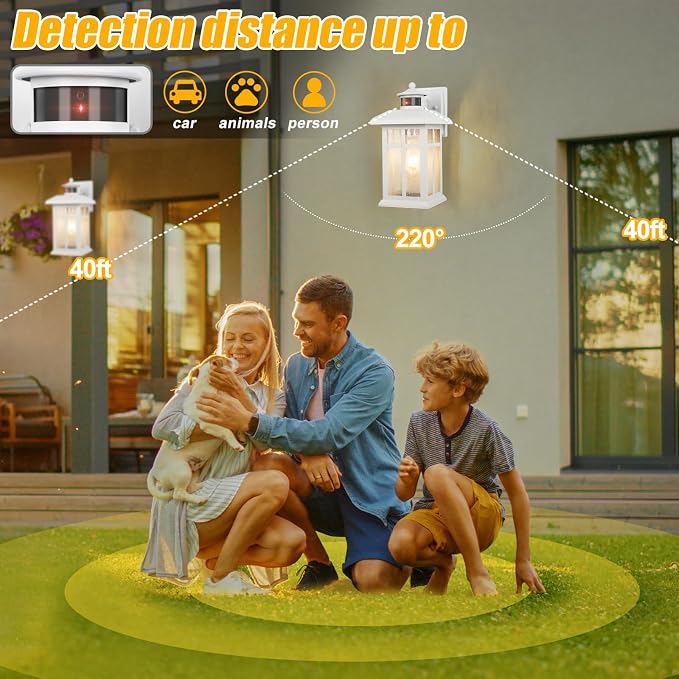 2 Packs Motion Sensor Outdoor Lights, Outside Light Fixtures for House | Porch Lights Outdoor with E26 Sockets & Tempered Glass, Dusk till Dawn Waterproof Exterior Wall Lights Motion Sensor, White