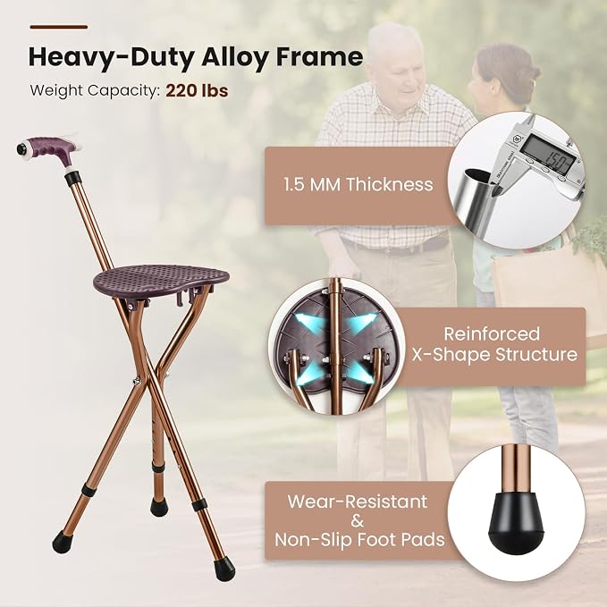 GYMAX Walking Stick Chair Combo, Folding Cane Seat with LED Light, Massage Seat Board & Ergonomic Handle, Adjustable Anti-Skid Walking Stick with Stool, Lightweight Outdoor Travel Rest Stool