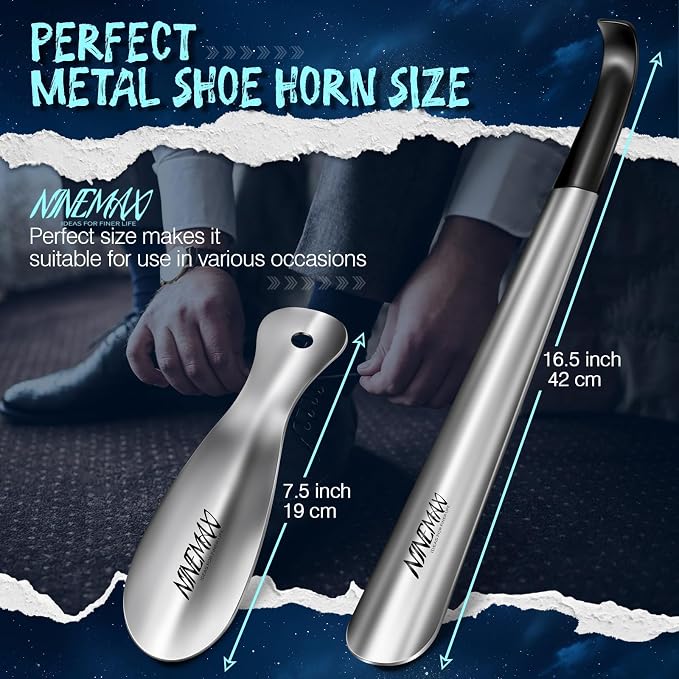 NINEMAX Extra Long Handle Shoe Horn (16.5") & (7.5") Travel Shoe Horns, 2 Pack Metal Shoe Horns for Seniors, Men, Women, Kids | 2 Size Shoe Horn Set, Stainless Steel Design, 16.5" Long Handle For Seniors, 7.5" Travel Size Fits Bags, Daily Shoe Helper