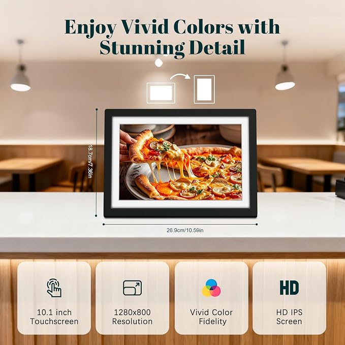 Frameo Digital Photo Frame WiFi Matte Black Frame 10.1 Inch Picture Frame with 1280x800 HD IPS Touchscreen, Built-in 32GB, Send Photo Video via Frameo App/USB/SD, Gifts for Women Men