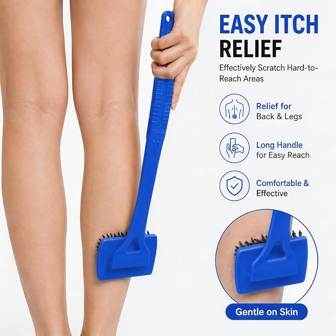 Back Scratcher Extendable Blue Folding Handle for Men Women | Long reach folding handle with soft bristles for back shoulders legs and everyday personal care use at home or travel