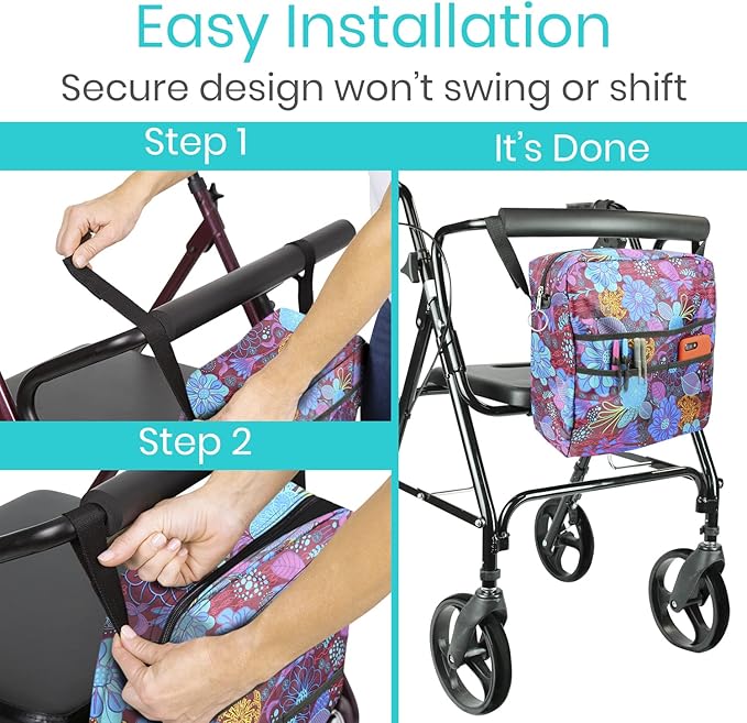 Vive Wheelchair Bag - Machine Washable, Double-Stitched, Water-Resistant Accessory Backpack for Rollators, Wheel Chairs, Walkers - Pouch with XL Pockets & Straps for Quick Installation