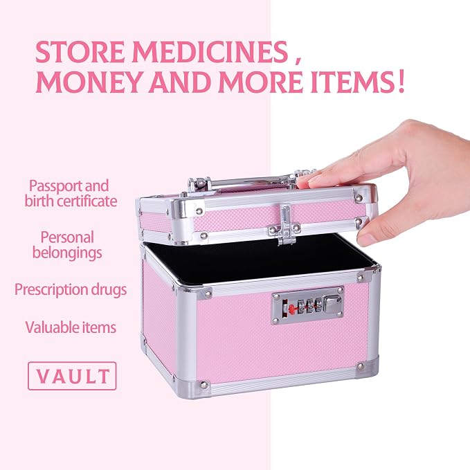 Small Medication Combination Lock Boxes with Code for Personal Items, Medicine Lockbox for Documents - 7.1 x 5.1 x 5.3 Inches Pink