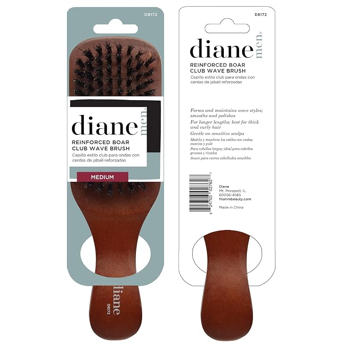 Diane Reinforced Boar Bristle Club Wave Brush for Men and Barbers – Medium Bristles for Thick and Curly Hair – Use for Detangling, Smoothing, Wave Styles, Restore Shine and Texture