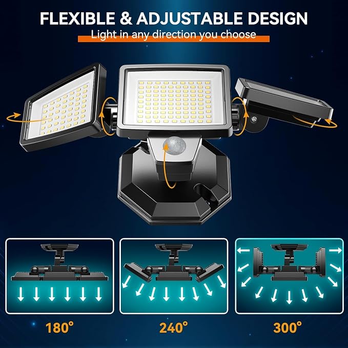 LED Security Lights Motion Sensor Outdoor Lights, 6500K Daylight, IP65 Waterproof, Dusk to Dawn, 3-Head Motion Detected Flood Light for Garage, Yard, Porch, 2Pack