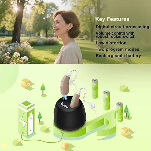 Banglijian Rechargeable Hearing Aids for Seniors - Intelligent DSP Noise Cancellation, Behind-the-Ear (BTE) Design, Easy-to-Use, Comfortable Fit, 20H Battery Life, Magnetic Charging (Beige)