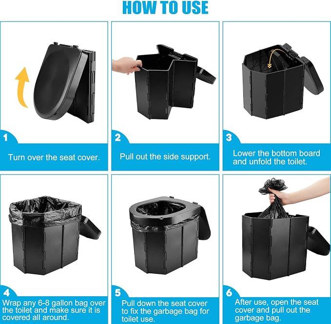 Portable Camping Toilet, Folding Toilet for Adults with Lid and Retractable Toilet Paper Holder, Waterproof Porta Potty with Carry Bag and Disposible Liners
