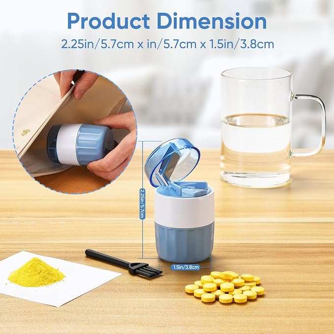 3-in-1 Pill Crusher, Pill Cutter Splitter & Pill Grinder with Stainless Steel Blade, Adjustable Pill Cutter for Small or Large Pills, Easy to Use, Travel-Friendly(Blue)