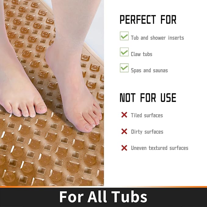 Yimobra Bathtub Mat Non Slip, Super Strong Suction Cups, 34.5"x15.5" Long Shower Mat with Drain Holes, Machine Washable Fast Draining Bath Mats, Bathroom Essentials,Clear Brown
