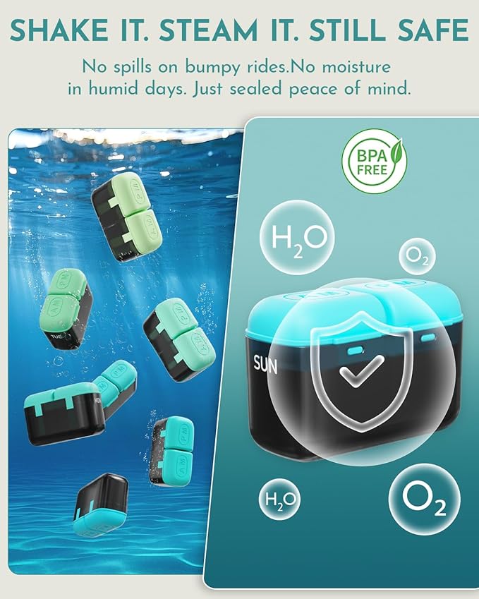 Weekly Pill Organizer, 7 Day Travel Medicine Pill case with Moisture-Proof Silicone Lid, Large AM PM Daily Pill Organizer 2 Times a Day for Vitamins & Supplements, Secure Zipper Pill Box(Green)