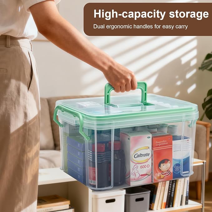 2 Pack Clear Medicine Organizer Storage Box with Handle & Tray - Thickened Plastic Empty First Aid Box, Multipurpose Medical Container with Lids/Labels, Medication Caddy for Home, Baby, Elderly, Dorm