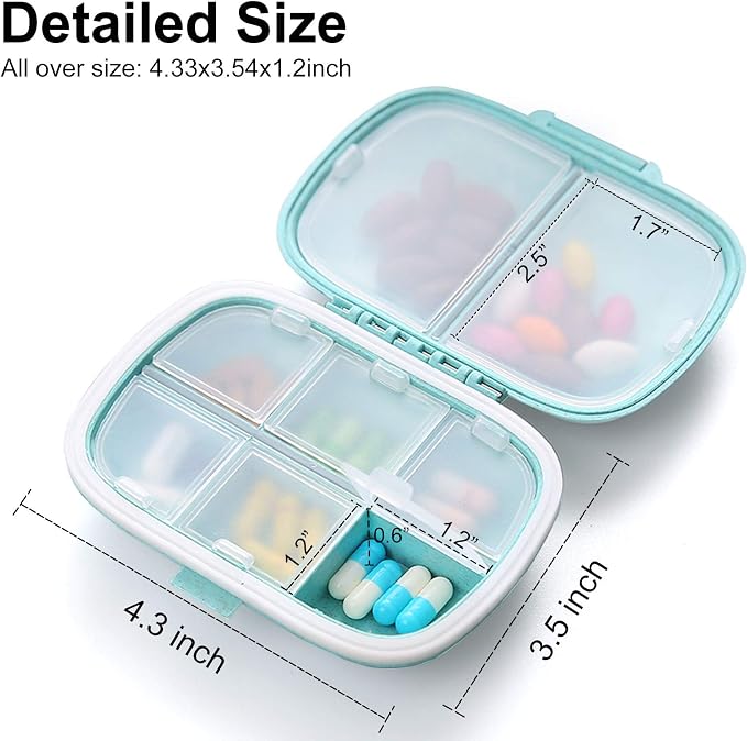 8 Compartments Travel Pill Organizer, Daily Pill Case Small Pill Box for Pocket Purse, Portable Pill Container Medicine Vitamin Organizer (Blue & Green)