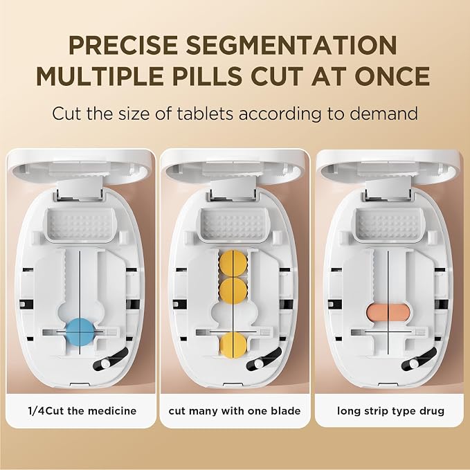 Pill Cutter Splitter for Small and Tiny Pills, 1/2 1/4 Pill Splitter for Small Pills,Vitamins, Tablets in Half or Quarters, Accurate and Easy Cutting, Stainless Steel Blade, Back Storage (White)