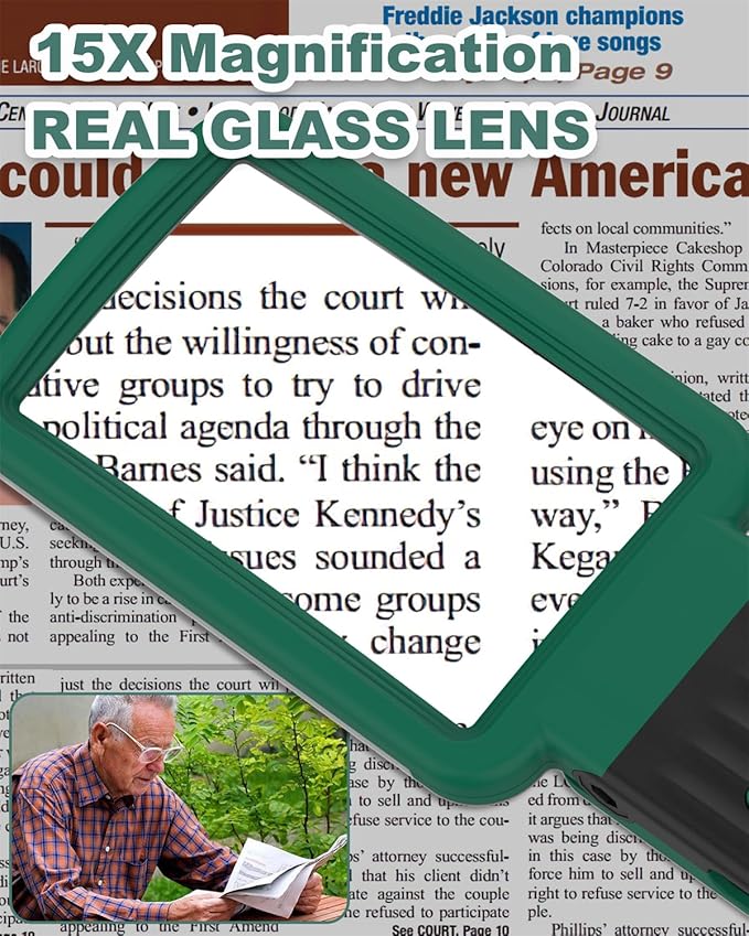 15X Magnifying Glass with Light and Stand, Rechargeable Folding Handheld Real Glass Magnifier, 3 Color Modes Dimmable Lighted Page Magnifying Sheet for Seniors Low Vision Small Prints - Green Black