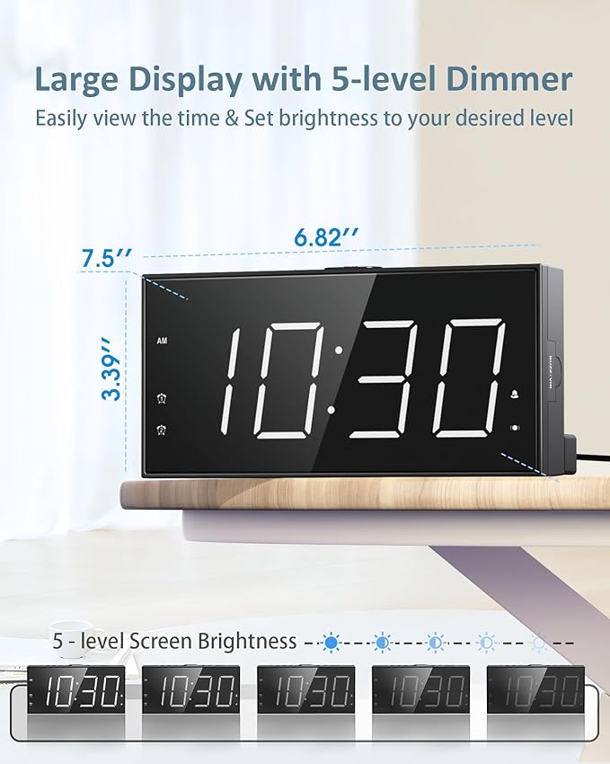 Roxicosly Alarm Clock for Heavy Sleepers with Bed Shaker, Dual Alarm Clock with USB Charger, 7.5" Large LED Display, Adjustable Brightness, Snooze, 12/24H & Battery Backup for Hard of Hearing/Deaf