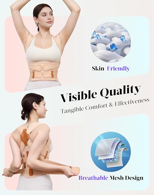 Posture Corrector for Women and Men, Full Back Support Brace, Adjustable Shoulder Straightener, Improving Posture, Relief Upper and Lower Back, Neck Pain, Beige, Large