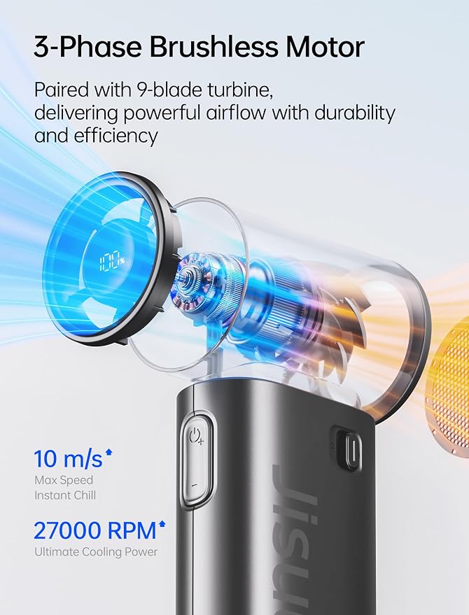 JISULIFE Handheld Fan Life9S - Sleek Chrome: Turbo Power, 22 Hours Cooling | LED Display, 5000mAh, 5-Speeds, Mini Portable Fan for Travel, Cruise, Concerts, Trendy Gifts for Women Men -Black