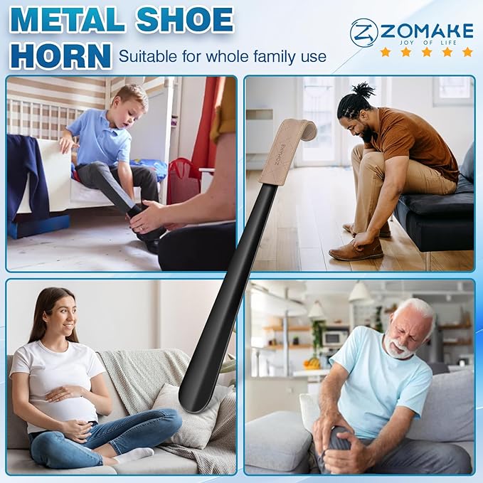 ZOMAKE Shoe Horn Long Handle for Seniors Men Women,Metal Long Shoehorn for Boots,16.5" Shoe Spoon Helper(Line Handle)