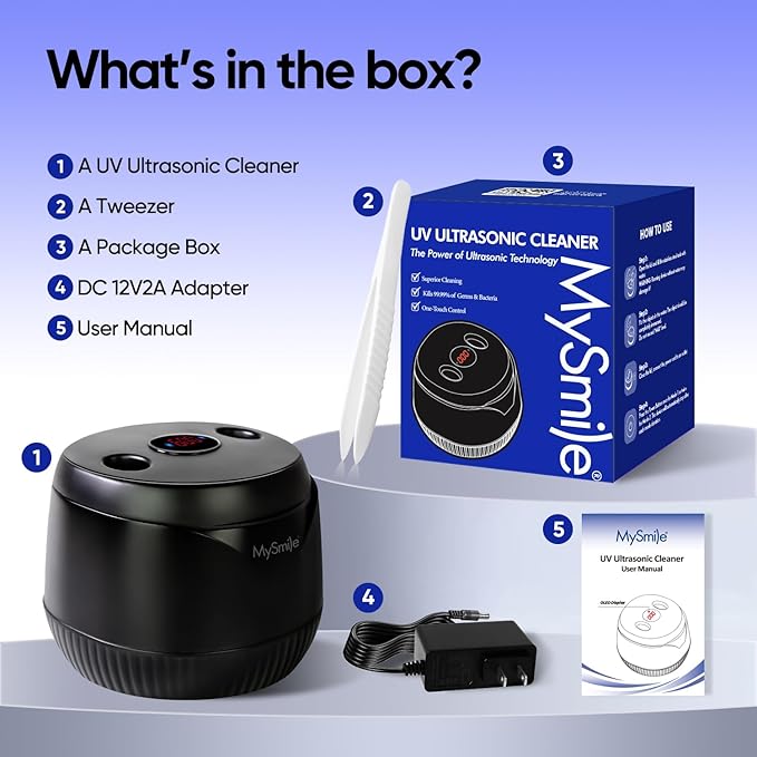 MySmile Dental Ultrasonic Retainer Cleaner Machine- 45kHz UV Denture Cleaner with 200ML Capacity for Aligner, Braces, Mouth Guard, Night Guard, Portable Dental Cleaning Pod with Digital Timer (Black)
