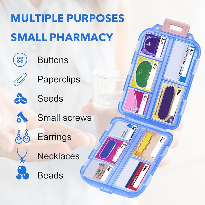 Travel Pill Organizer with 189 Medicine Labels, 10 Compartments Small Pill Case Compact and Portable Travel Pill Box for Airplane Car Purse Nurse Vacation Essentials (Blue, 1 Pack)
