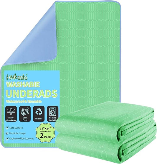 Washable Incontinence Underpads, 2 Pack 18" x 24" Heavy Absorbency Leakproof Bed Pads with Durable Encased Edges, Reusable Pee Pads for Adults, Kids & Dogs