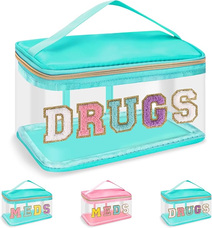 Clear Patch Letter Bag Medicine Drugs Pouch with Handle, Travel Chenille Letter Makeup Cosmetic Bag for Women Girls, Waterproof Nylon PVC Zipper Toiletry Meds Storage Case Stadium Bag(Green, DRUGS)