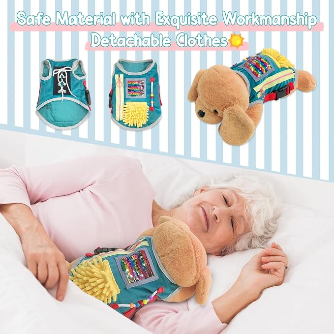 Fidget Blanket for Alzheimer Fidget Blanket for Adults for Anxiety Relief | Puppy Fidget Blanket with Many Activities Gift Fidget Sensory Blanket with Lovely Dog, Brown