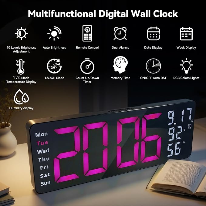 Digital Wall Clock Large Display, 17.3" Digital Clock with RGB Color Remote Control, Auto-Dimming Big Wall Clock with Night Light,Auto DST,Date Week,Temp for Home Decoration, for Elderly (Rose red)