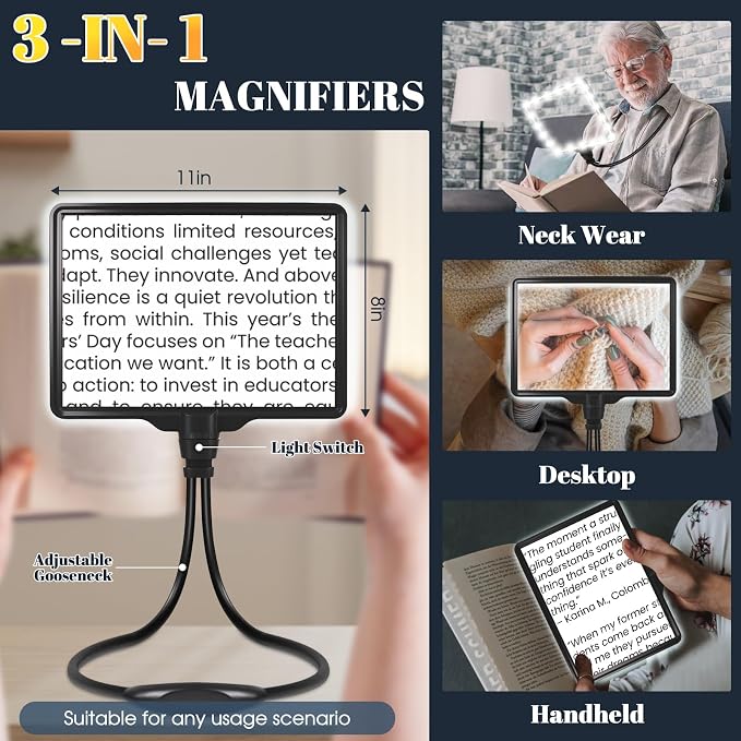 Large Magnifying Glass with Light Hands Free, Rechargeable Page Magnifier | 8" x 11" Page View • 106 LEDs • 6 Color Modes • Storage Bag • Ergonomically design • Flexible Gooseneck • for Seniors Read