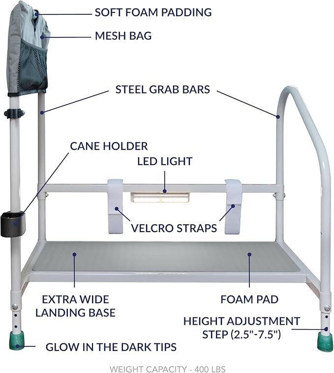step2bed Deluxe Bed Rails for Elderly Adults - Adjustable Height Bed Safety Rail for Seniors with Cane Holder, LED Light, Mesh Bag, Handicap Grab Bars and More - Premium Bed Side Step Assist Device