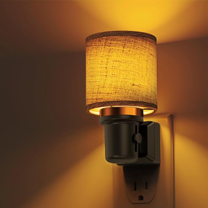 L LOHAS LED Night Lights Plug into Wall,Linen Fabric Cylinder Night Light | Dusk to Dawn Sensor Vintage Nightlight, Amber Warm Light 0-100LM Dimmable, Decor for Bedroom Living Room Hallway