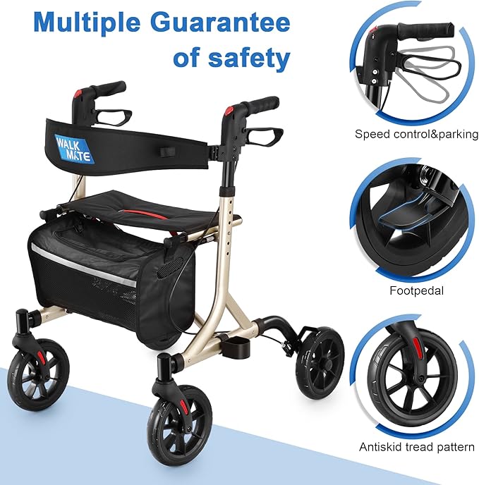 WALK MATE Rollator Walker for Seniors with Cup Holder, Upgraded Thumb Press Button for Height Adjustment, 4 x 8 Wheels Walker with Seat Padded Backrest Folding Lightweight Walking Aid, Gold